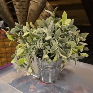 Green Faux Floral Arrangement in Silver Pot